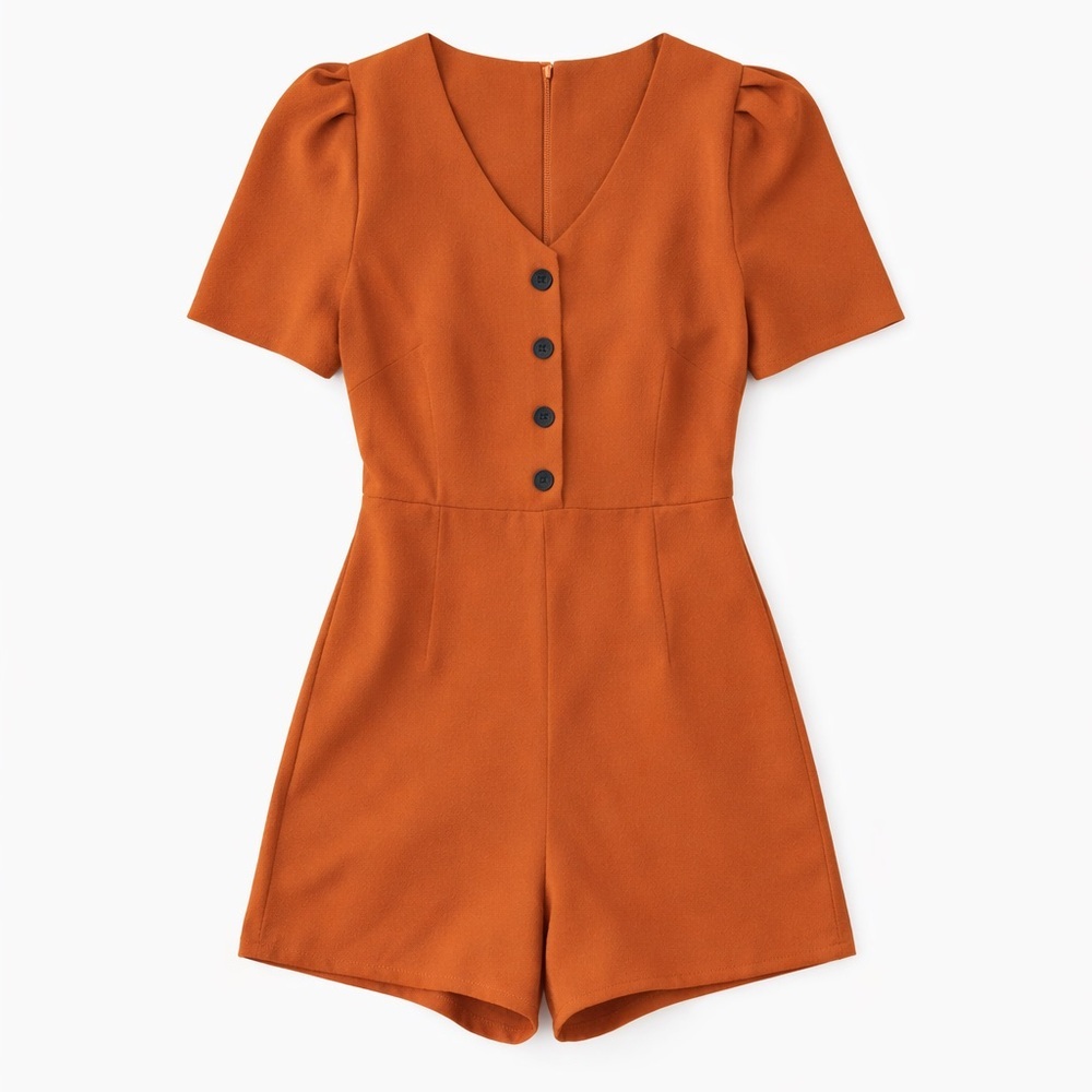 Burnt Orange V-Neck Button Front Romper Puff Sleeve Zip Back M - Picture 3 of 5